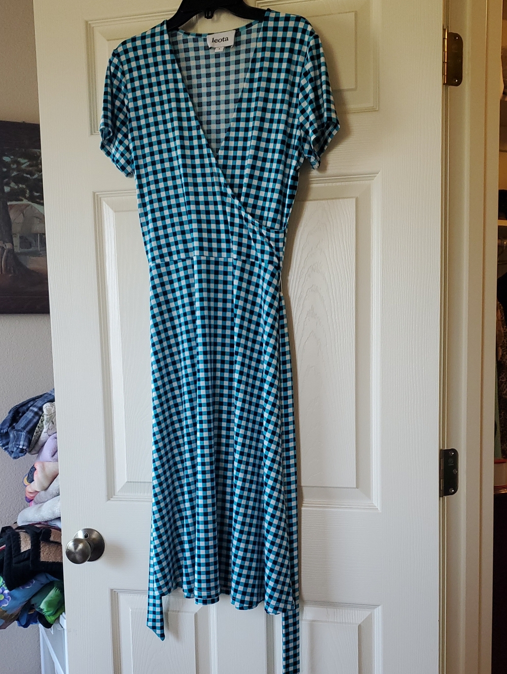 Leota Blue and White Gingham Wrap Midi Dress